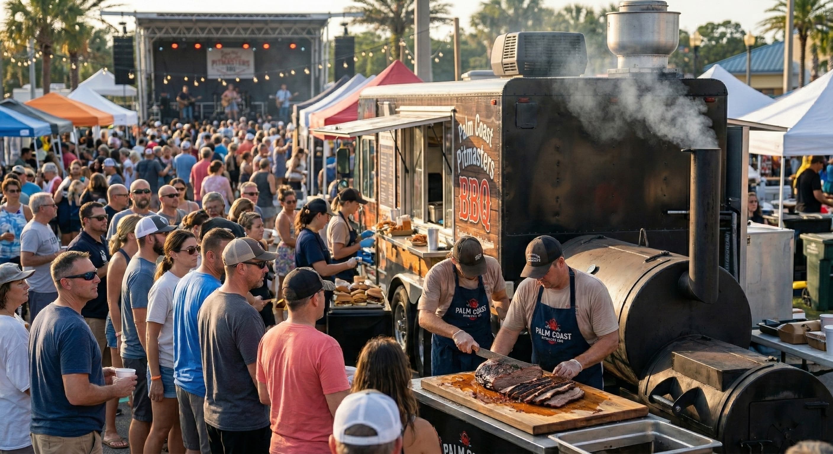 A food truck with a small crowd lined up on a city street