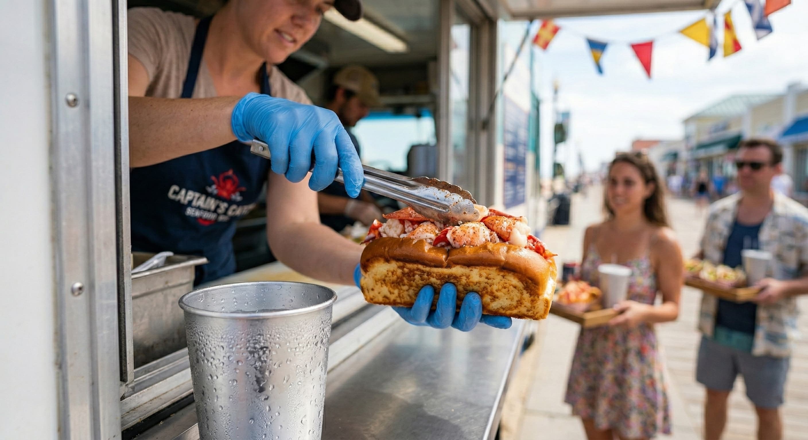 A food truck operator handing an order to a regular customer