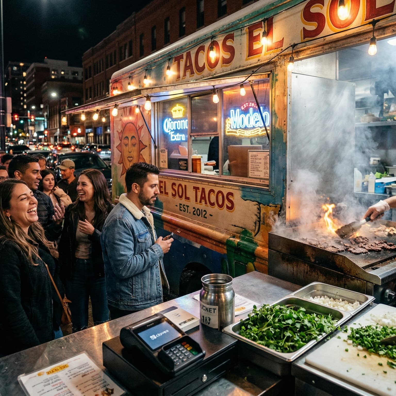 A food truck at night, the kind of thing you'd post to Instagram