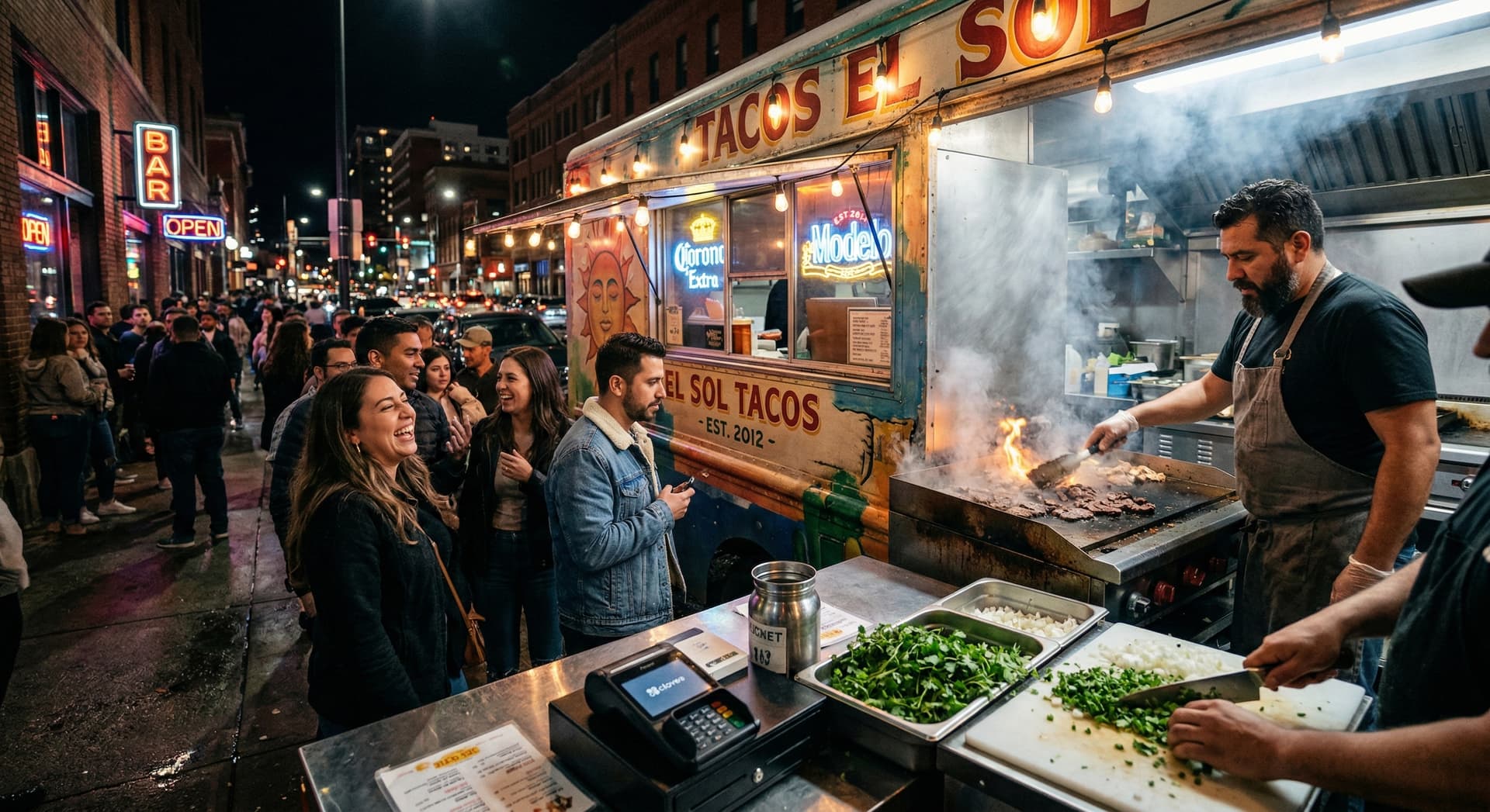 A food truck operator at the window in the evening