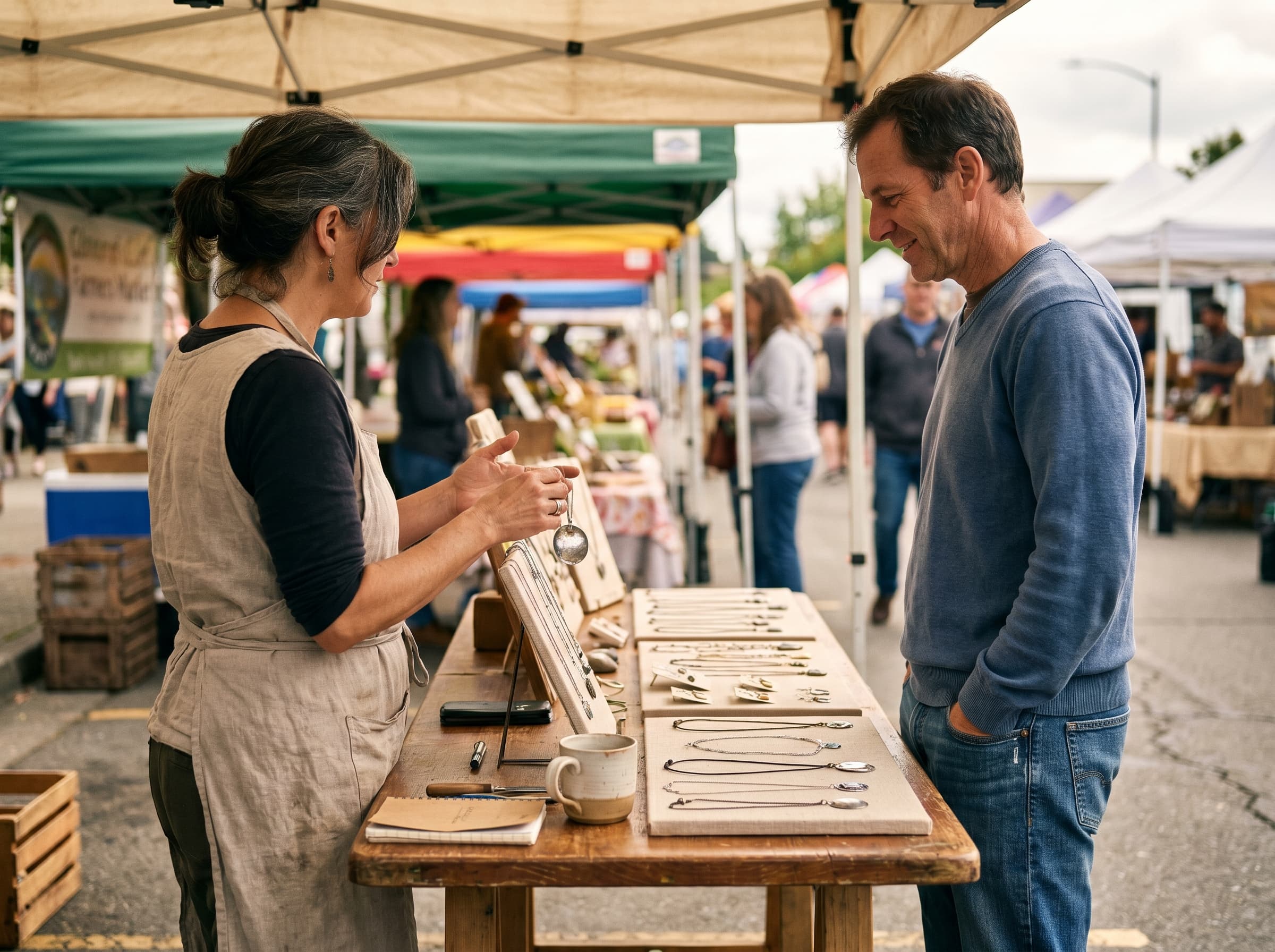 A market vendor mid-conversation with a returning customer at her booth