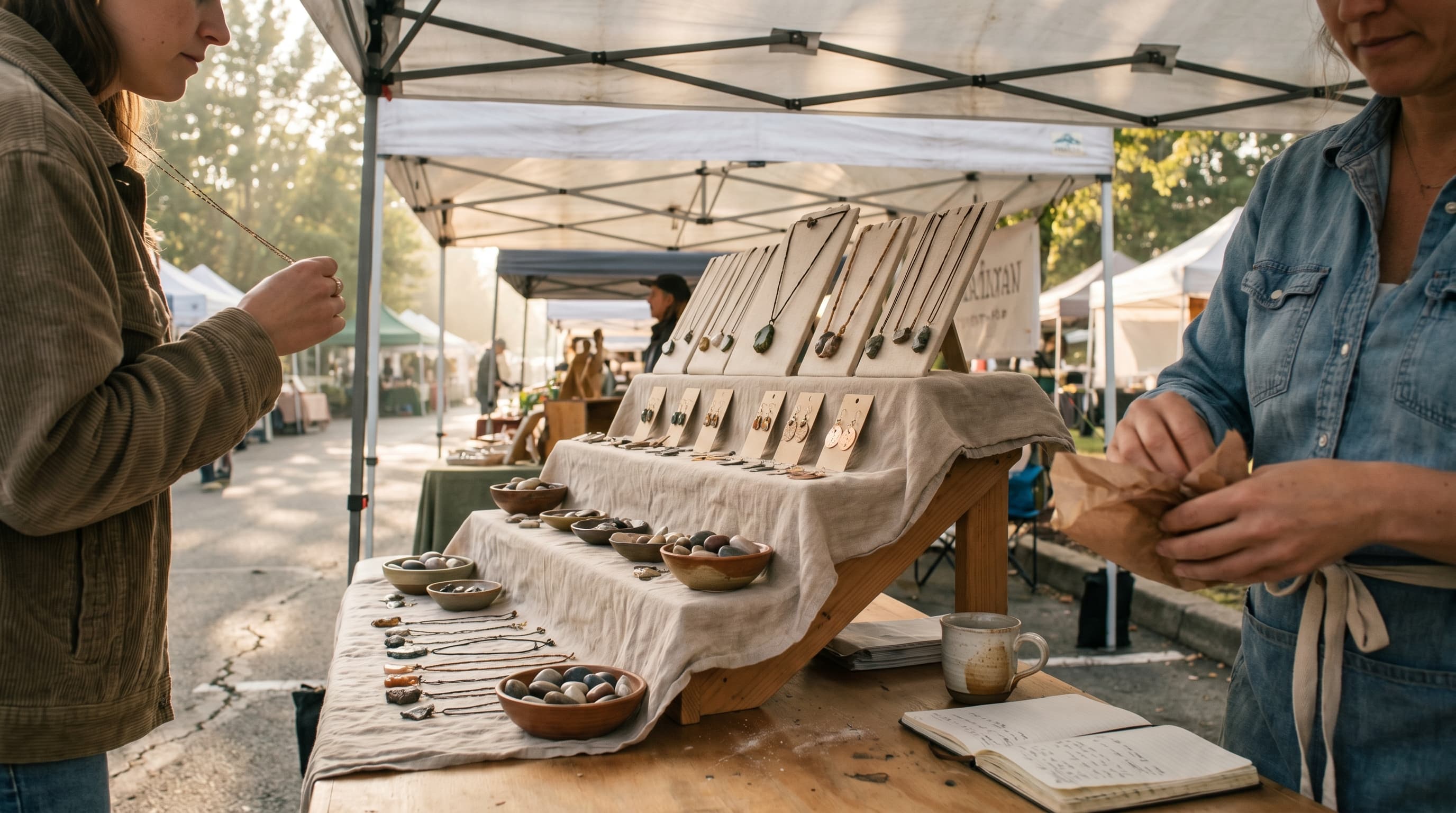 A handmade-jewelry booth at an outdoor weekend market