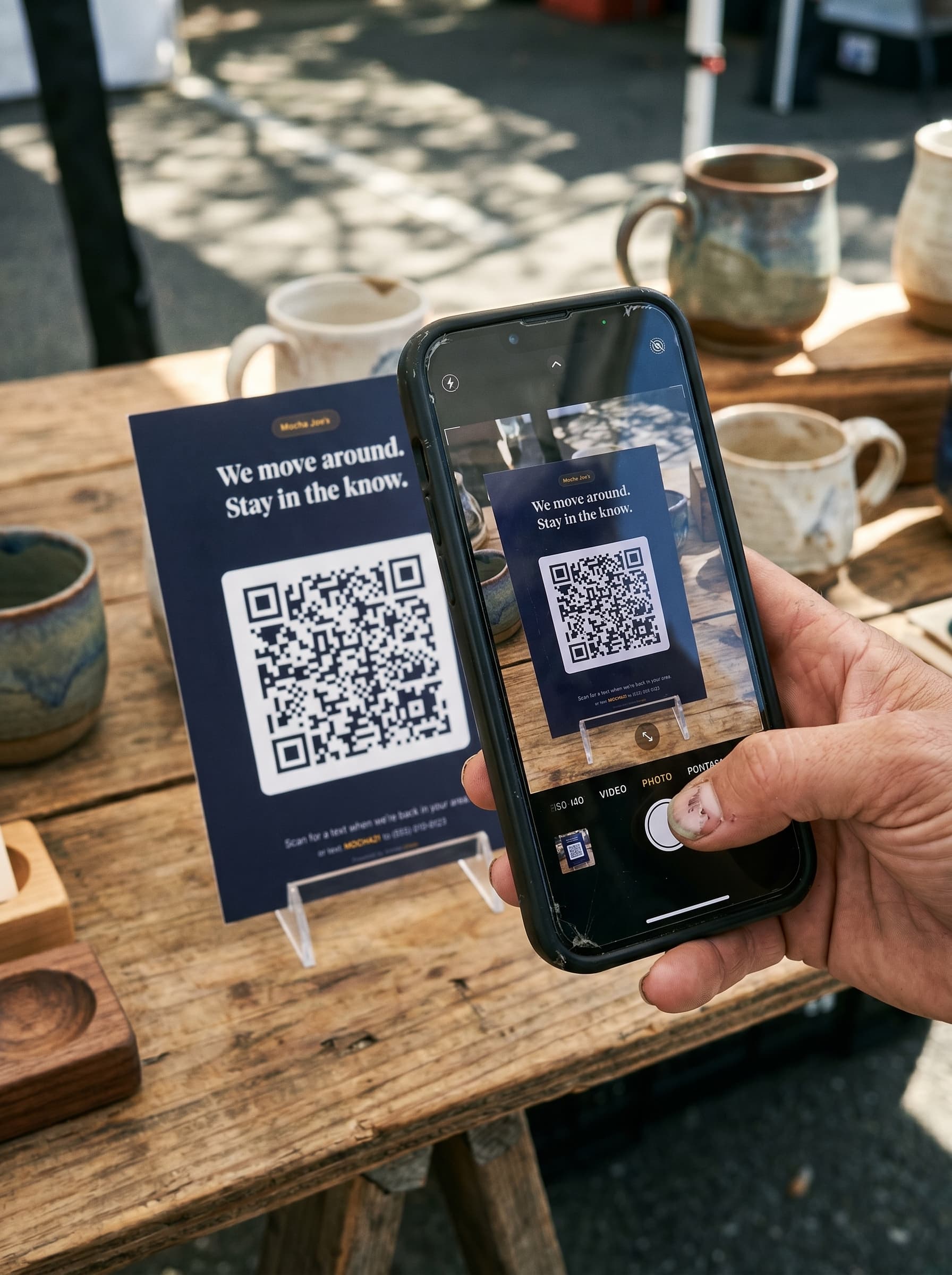 A customer holding their phone, camera open, scanning the QR card on the table