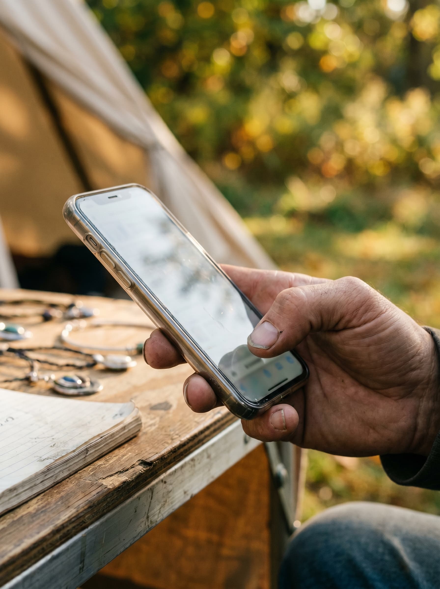 A vendor's hands holding a phone at the edge of a market booth