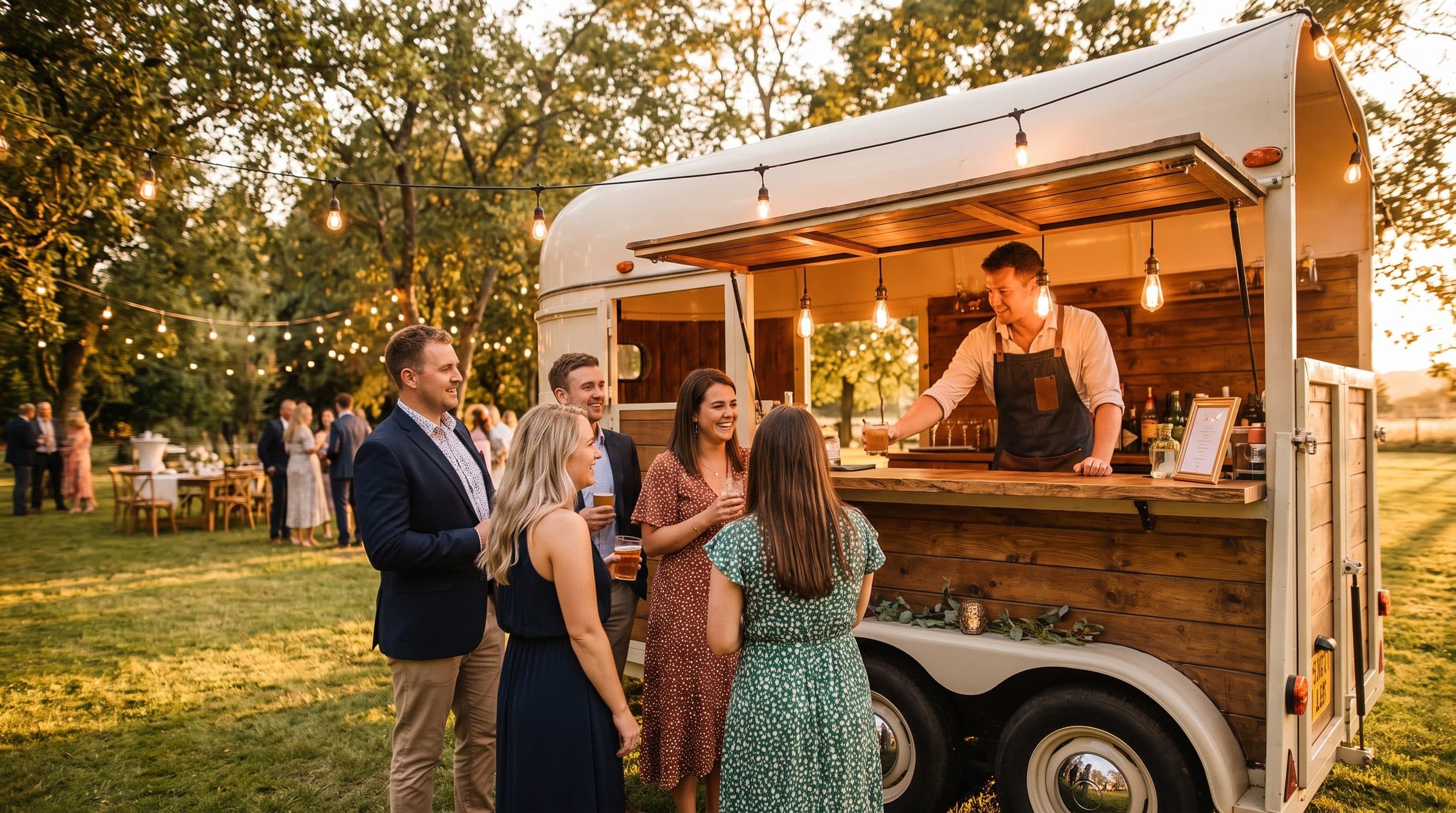 A mobile bar trailer serving guests at an outdoor evening event