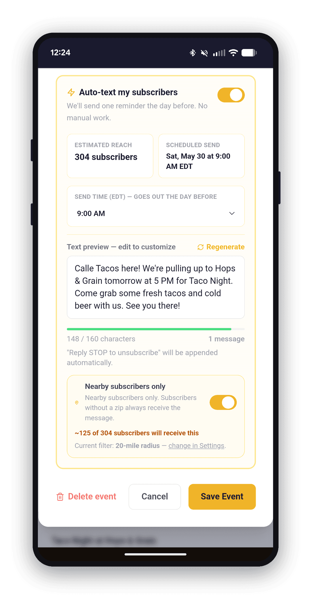 Setting up a day-before reminder for a special event in the VendorLoop app