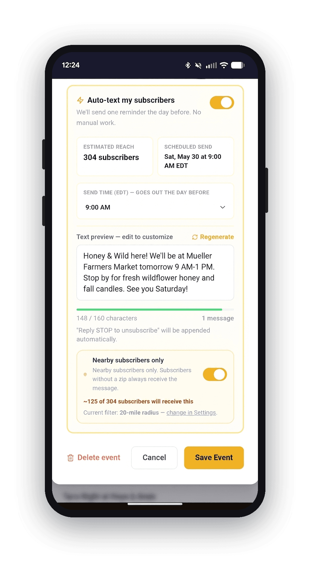 Setting up a day-before reminder for a market in the VendorLoop app