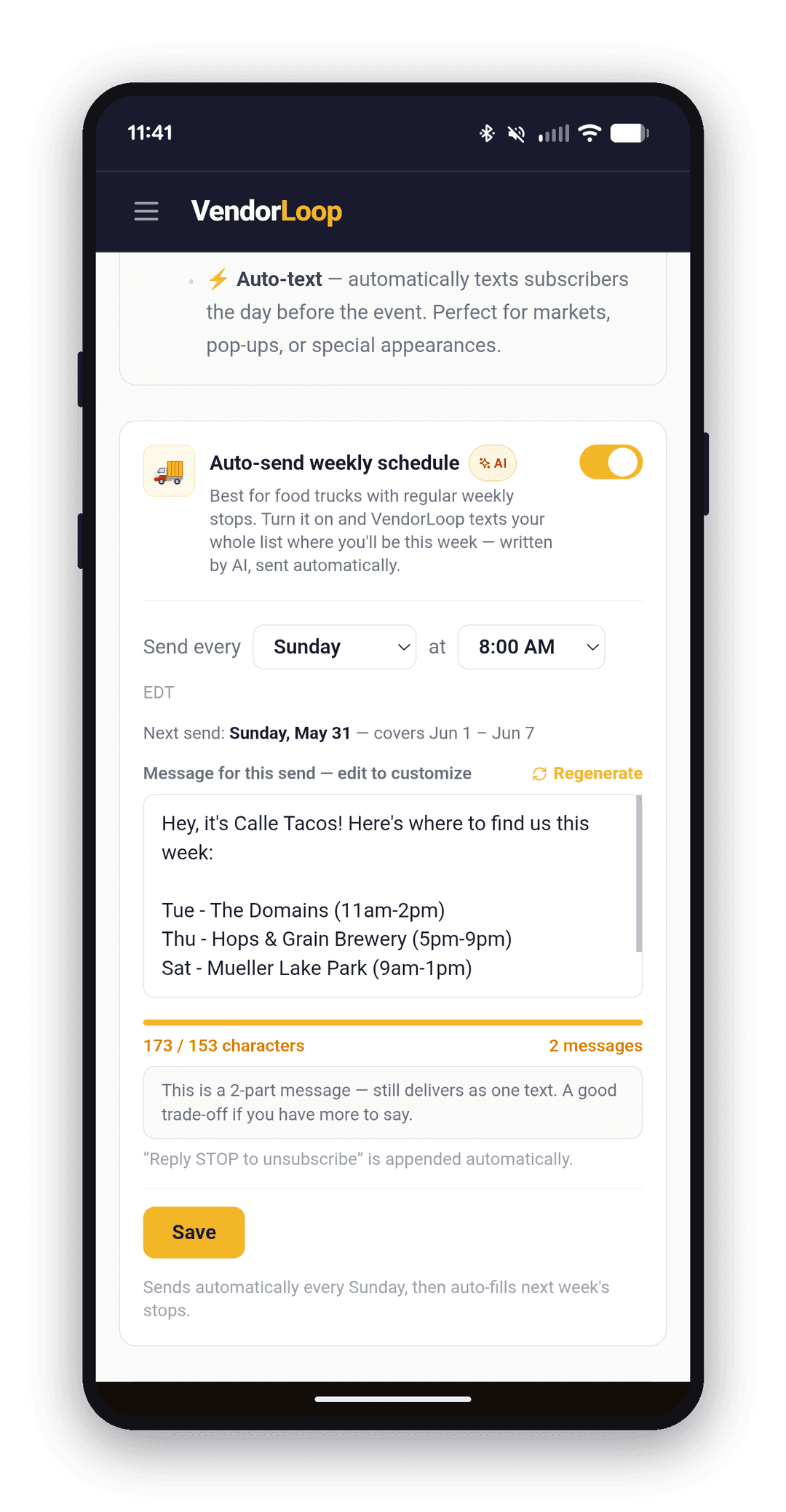 The weekly schedule auto-send screen in the VendorLoop app