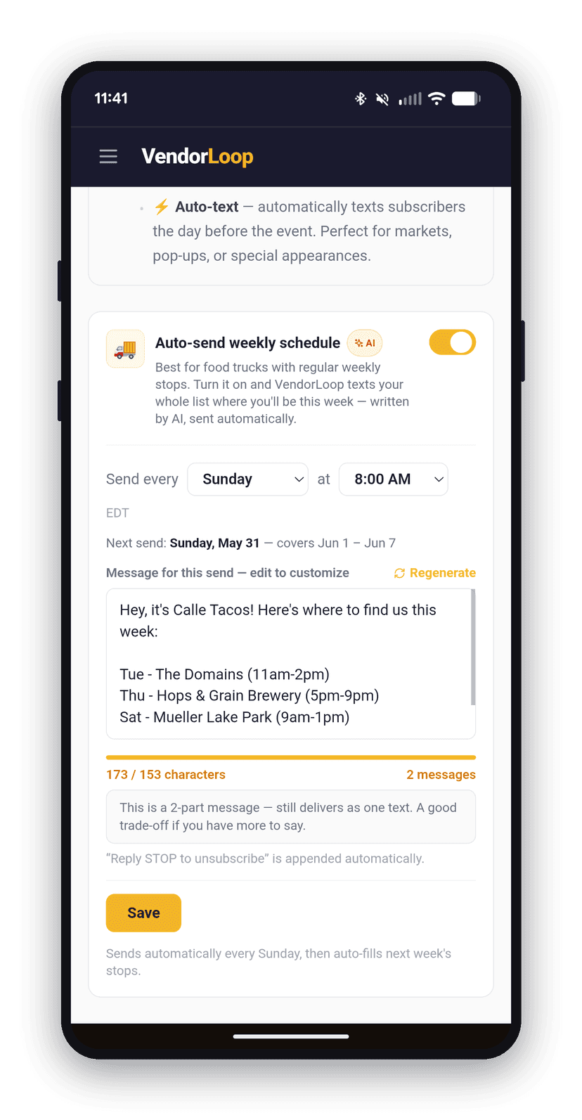 The weekly schedule auto-send screen in the VendorLoop app