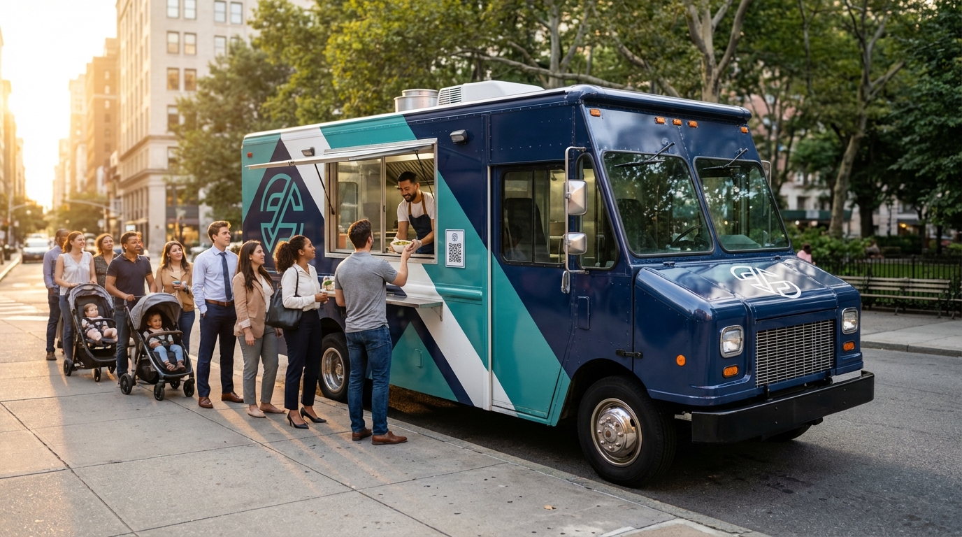 Vibrant food truck with QR sign and line of customers