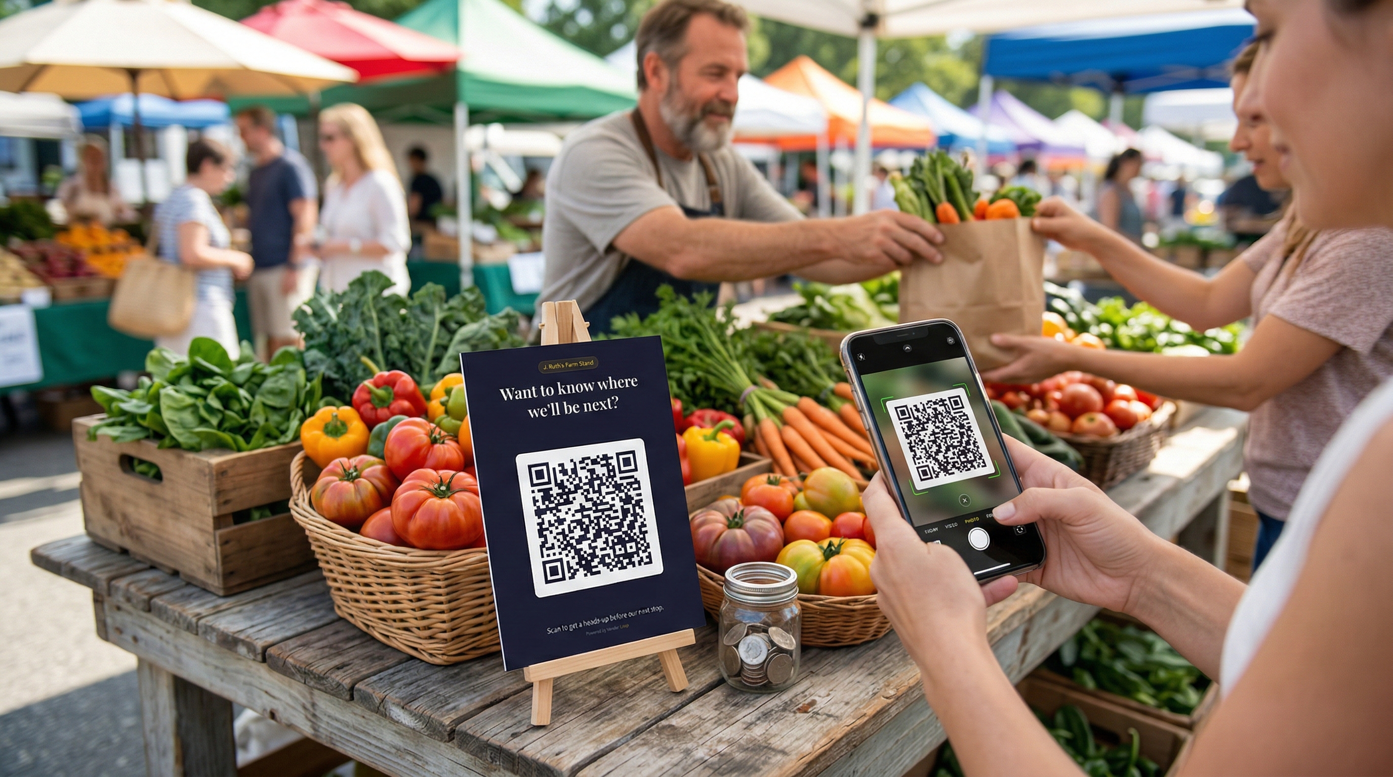 Vendor at a farmers market booth with customers